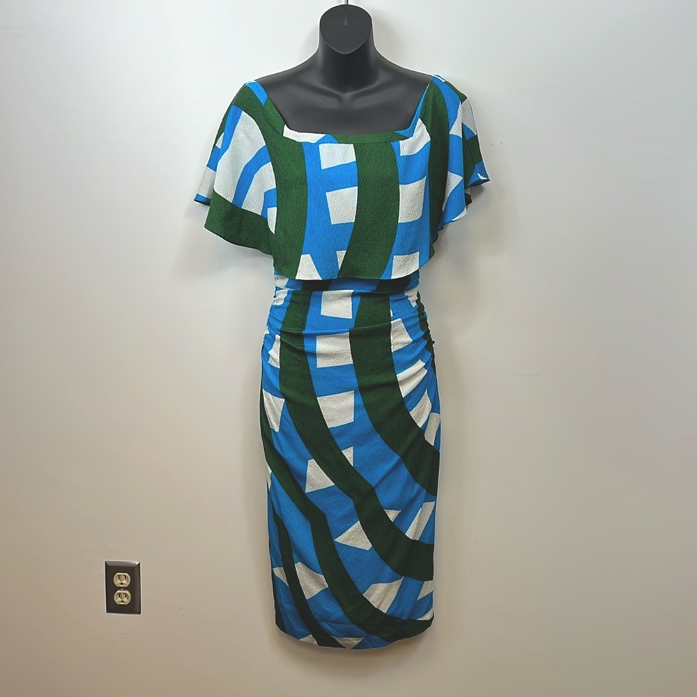 Anthropologie Tracy Reese Blue Green White Silk Body-con Midi Dress Size 0